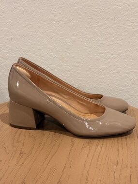 Vionic Taupe Patent Block Heel Pumps